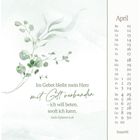 Kalender: April. Zitat: "Im Gebet bleibt mein Herz mit Gott verbunden – ich will beten, sooft ich kann." Zartes Blattmotiv.
