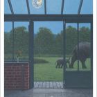 4. Kalender mit Elefanten im Garten; Blume im Glas, Erde am Himmel, Elefanten im Hintergrund, verglastes Gebäude.