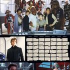 April-Kalender mit Star Wars-Szenen: Gruppenbild oben, zwei Einzelbilder unten. Wochentage und Daten in einem Raster.