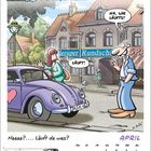 "Frollein Lütt ist Redakteurin bei der ‚Knölleruper Rundschau‘." Frau winkt beim Einsteigen in lila VW Käfer.