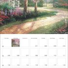 Kalender: Wochentage und Zahlen in einem Raster. Illustration: Garten mit blühendem Baum, Pavillon und offenem Tor.