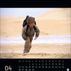 Am unteren Rand sind die Wochentage und ein Monatskalender. Ein Junge in Wüste, buckelnd, trägt einen Rucksack.