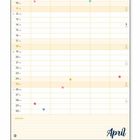 Kalender für April mit Wochentagen und Notizfeld; unten steht "ZETTELWIRTSCHAFT". Farbpunkte auf Datumsspalten.