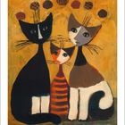 Text: "April". Illustration: Drei stilisierte Katzen mit geometrischen Mustern, umgeben von runden Formen in warmen Farben.