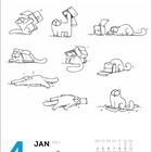 4. Jan, Montag. Eine Illustration zeigt eine Katze, die mit einem Karton spielt.