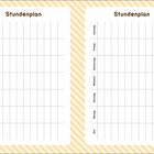 Zwei identische Stundenpläne mit Wochentagen Montag bis Samstag und Zeitspalten, auf gelbem Streifenhintergrund.