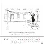 April-Kalenderblatt mit Illustration einer Frau, die Bettfedern an einer Leine aufhängt.