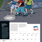 "Drei Jungen folgen mit Taschenlampe einer Spur. Text: 'Täuschung – falsche Spuren legen!'. Kalender für April darunter."