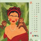 Kalendertage für April mit Illustration einer Frau in Rot, Blatt-Hintergrund und zwei Affen auf den Schultern.