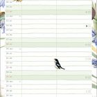 „April 01 DO bis 30 FR“. Illustration von Vögeln und Blumen.