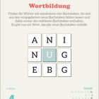 Wortbildungsspiel mit Buchstabenraster: ANI, NUG, EBG. Datum unten: 4. Januar, Montag, 1. Woche. Zeichen und Uhrzeiten unten.