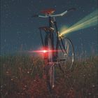 04, Kalenderdarstellung unten. Ein Fahrrad im Gras, beleuchtet bei Nacht, mit funkelndem Sternenhimmel im Hintergrund.