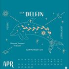 Der Delfin, Freude, Leichtigkeit, Kommunikation. Herz und Verstand verbinden. APR mit Kalender. Illustrativer Delfin.