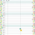 Kalender mit Daten, Wochentagen und Wochenzahlen. Hello Kitty Illustration mit rosa Schleife und bunter Blume. Punkte-Hintergrund.