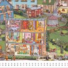 02, 04, 11, 18, 25 rot markiert. Illustration eines Wohnviertels mit detailliertem Schnitt durch ein Haus und lebhaftem Treiben außen.