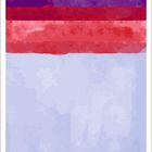 "April" und ein Kalendarium. Illustration mit violetten und roten horizontalen Streifen, darunter ein großer, hellblauer Bereich.