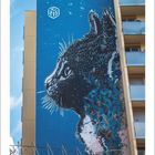 Oben ein stilisiertes Logo mit "215". Wandschmuck: Profil einer Katze auf blauem Gebäude. Unten: Kalenderzahlen.