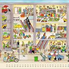 „KASSE“, „SONDERANGEBOTE“, „APRiL“. Einkaufszentrum mit Geschäften und Menschen in verschiedenen Alltagssituationen.