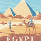 Text: "EGYPT, THE GREAT PYRAMIDS OF GIZA." Illustration: Pyramiden, Kamele, Personen mit Stock und auf einem Kamel.