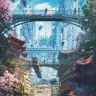 04, 01 bis 30; Markets District. Futuristische Stadtansicht mit Schwebezügen, Brücken und Kirschblüten.