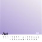 Kalenderseite April, lila Hintergrund, kleines Herz unten rechts, Datumsspalten mit Wochenangaben von Donnerstag bis Samstag.