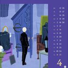 Kalenderdaten für April. Illustration: Person vor einem blauen Schrank, umgeben von Möbeln und Dekorstücken.