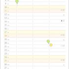 Kalender für April mit Daten und Ballons. Unten ein Kind mit Vögeln.