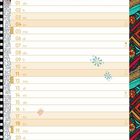 Kalenderblatt für April mit stilisierter Frau, bunten Vögeln und geometrischen Mustern rechts.