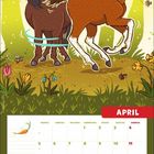 Kalenderblatt für April, Illustration mit zwei Pferden im Wald, umgeben von Bienen und Blumen. Feiertage rot markiert.