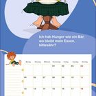 April. Ich hab Hunger wie ein Bär, wo bleibt mein Essen, bittesähr? Illustration eines Jungen mit Besteck. Kalender.
