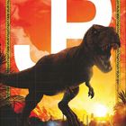 "04" unten links und Kalendertage darunter. Ein Dinosaurier vor einem orangefarbenen Sonnenuntergang, im Hintergrund Pflanzen.