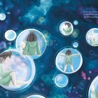 Text: „Es ist, als würden zahllose Ichs von mir in unendlich vielen Seifenblasen durch den Weltraum fliegen.“  
Illustration: Kinder in Seifenblasen im Weltraum.