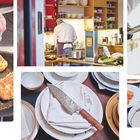 Seitenzahlen 104, 105. Links wird paniertes Essen gebraten. Mitte ein Koch in der Küche. Rechts wird Öl eingefüllt.