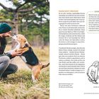 „PAUSEN NICHT VERGESSEN!“ Text erklärt Spielpausen für Hunde. Mann kniet, spielt mit Hund. Illustration: Mensch und Hund.