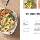 "Brokkoli-Fisch-Pfanne: Brokkoli, Fischfilet, Pinienkerne, Sahne, Basilikum. Rezept: Brokkoli waschen, Fisch salzen, braten, vermengen."