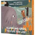 Titel: "KLEIN UND GROSS TROMPETEN LOS!" Ein Elefant mit großen Augen, eine Maus ruft "FIIIEEEP!" und der Elefant "TÖRÖÖÖ!".