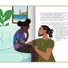 Text: "... Zuhause... Pflaster... vergessen!" - Illustration: Ein Mann kniet vor einem Mädchen auf einem Sofa, hält ihr Bein.