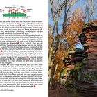 Links: Text zur Wanderung im Wald mit Höhenmetern und Wegpunkten. Rechts: Roter Sandsteinfelsen vor herbstlichen Bäumen.