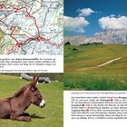 "2002 m, an der Bergstation des Arlara-Vierersessellifts (im Sommer geschlossen!)."

Links: Karte mit Wanderwegen. 
Unten links: Esel auf Wiese.
Rechts: Hügelige Landschaft, blauer Himmel.