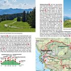 Text Links: Wegbeschreibung von Tegernsee über Gindelalm bis Riederstein. Unten: Karte der Route. Oben rechts: Foto von einem Gipfelkreuz.