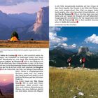 Texte beschreiben Wanderwege im Vallée de Combau und Tête Chevalière. Dazu Bilder: Zelt im Gebirge, Wanderer auf einem Plateau.