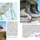 Text: Hiddensee, Grieben, Altbessin, Kloster. Karte von Hiddensee oben links. Unten links ein Reetdachhaus, rechts Kliffküste mit Steinen.