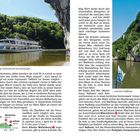 Texte im Bild: "Die Weltenburger Enge: eindrucksvoll vom Donauufer ...", "... und vom Schiff aus."

Beschreibung: Ein Fluss mit einem Ausflugsboot, umgeben von bewaldeten Felsen und grünem Ufer.