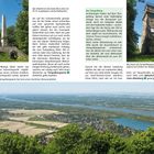 Es gibt Texte, die einen Wanderweg beschreiben, mit Worten wie "Obelisk" und "Tempelbergwarte". Mehrere Fotos von Landschaften und Aussichtspunkten sind dargestellt. In einem Foto ist ein steinerner Obelisk zu sehen, in einem anderen ein Aussichtsturm. In weiteren Fotos sind weite Panoramablicke über Fluss- und Landschaften.