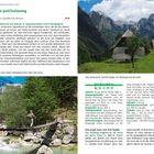 6 Soška pot/Sočaveg: Eine Symphonie aus Wasser in Aquamarinblau und Smaragdgrün. Kurzinfo über Trenta und Bovec. Verlassene Hütten vor Berglandschaft; Hängebrücke über Fluss mit Wanderer.