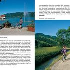 Texte beschreiben eine Fahrradroute und Umgebung. Links: Frau mit Fahrrad an See, Fontäne. Rechts: Zwei Radfahrer auf Pfad, Hügel.