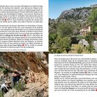 Texte beschreibt eine Wanderroute auf Mallorca. Oben links Landschaft mit Felsen; rechts ein Steinhaus umgeben von Bäumen. Unten Kletterstelle.