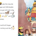 Text erwähnt einen besorgten König, viele bewaffnete Männer und einen kleinen Jungen. Illustration zeigt die Szene.