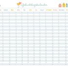 Geburtstagskalender mit den Monaten Januar bis Dezember und den Zahlen 1 bis 31. Sanfte Farben, Ballons und Häuser.