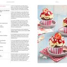 "Spaghetti-Cupcakes", Zubereitungszeit, Zutaten und Backanleitung. Rechts: Drei Cupcakes in gestreiften Förmchen mit Erdbeer-Deko.